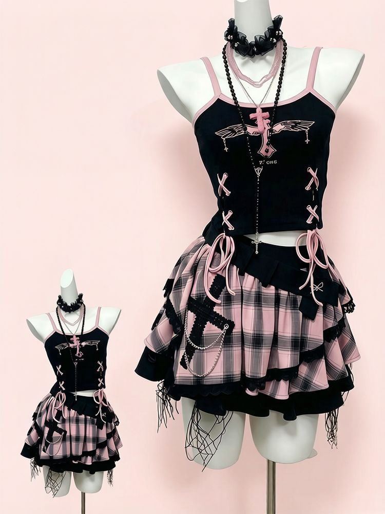 Set Rok Vintage Y2K Gaya Dark  - Cami Top Lace ulasan dan harga